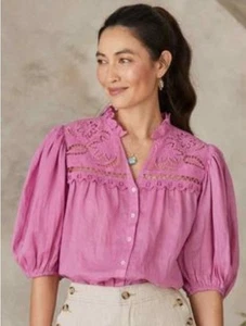 Sundance Dianna Lace Pink Blouse Top Sz XS Button Up Blouson Sleeve Boho Peasant - Picture 1 of 14