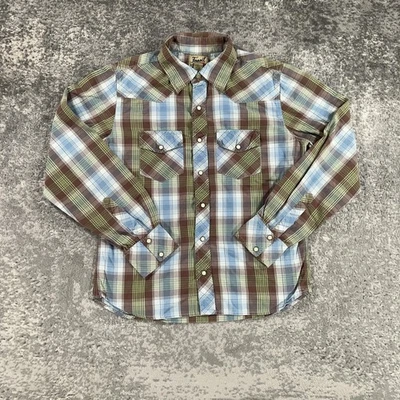 Fossil Western Shirt Mens Small S Brown Green Blue Plaid Pearl Snap Long Sleeve - Image 1 of 4