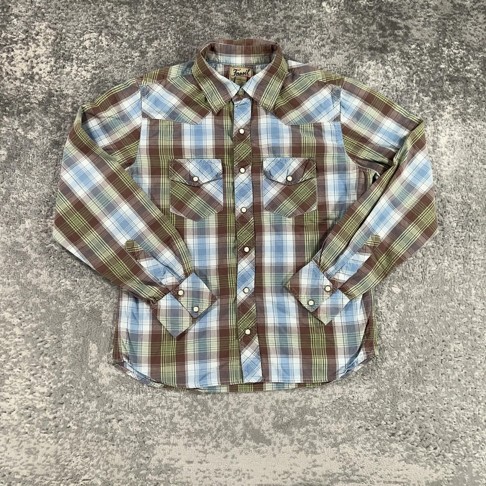 Fossil Western Shirt Mens Small S Brown Green Blue Plaid Pearl Snap Long Sleeve - Image 1 of 4