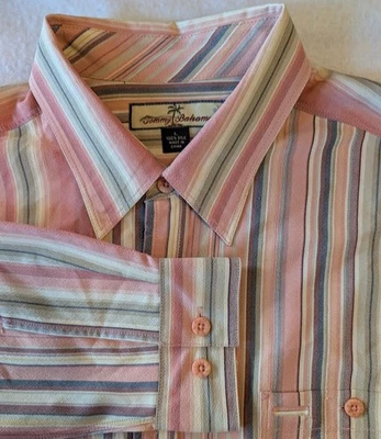 Vintage Tommy Bahama 100% Silk Shirt Men's L Pink Gray Striped Long Sleeve Luxe - Image 1 of 4