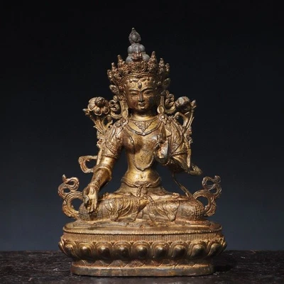 Antigua excelente estatua de budismo antiguo dorado de bronce Tara verde tibetano 8" Foto 1 de 4