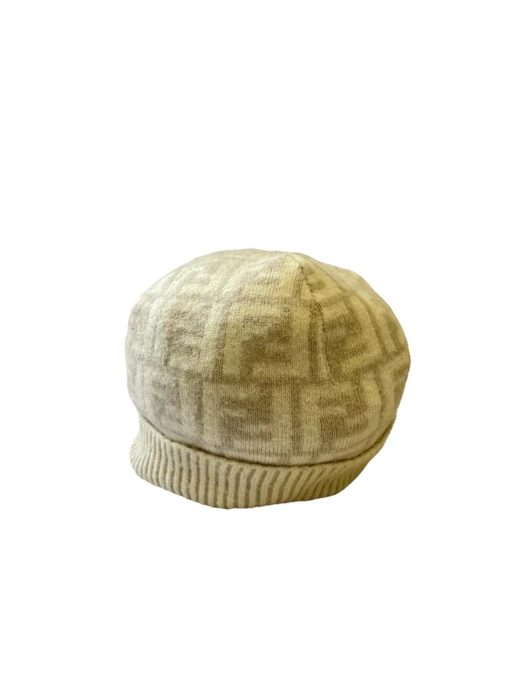 Y9#Fendi FF Zucca Monogram Beanie Hat Cream Beige 100% Wool Made In Italy Unisex - Image 1 of 4