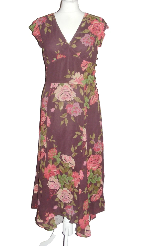 Laura Ashley pure silk tea dress 1940s sz 10 midi cap sleeve purple floral print - Image 1 of 4