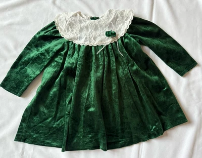 Винтажный девочек 5 зеленый бархат платье кружевной воротник жемчуг Рождество длинным рукавом США - Изображение 1 из 4