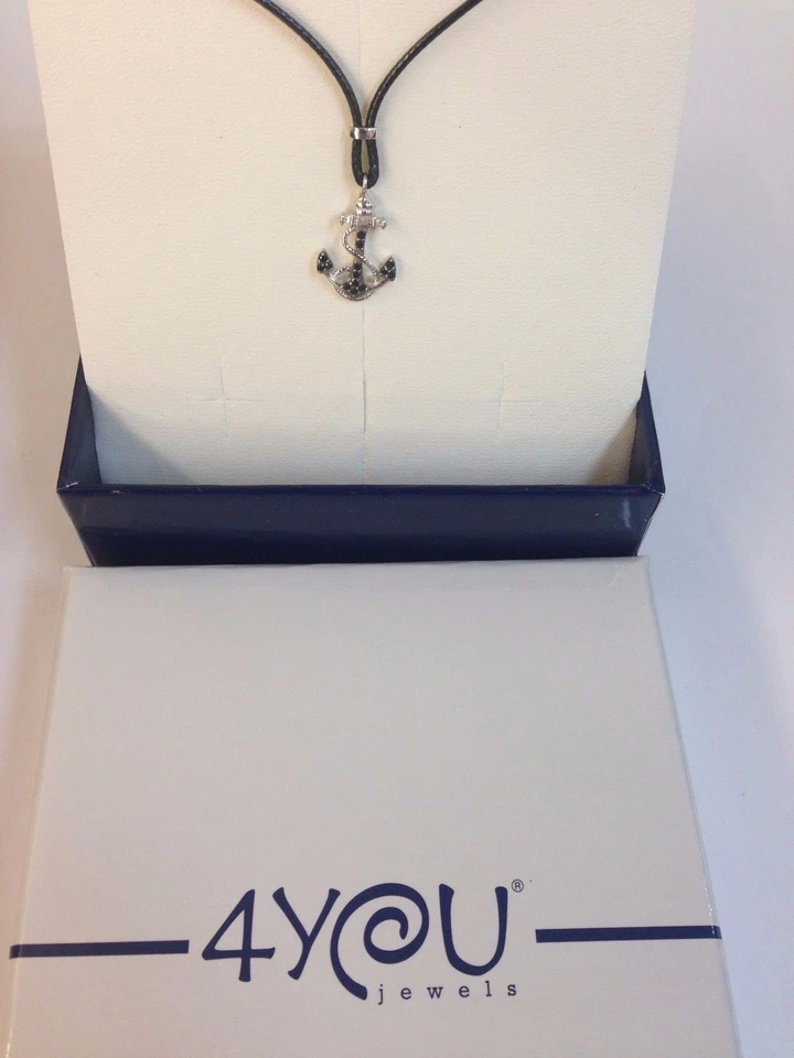 collana uomo donna argento 925%  zirconi  neri ancora cordoncino nero - Immagine 1 di 1