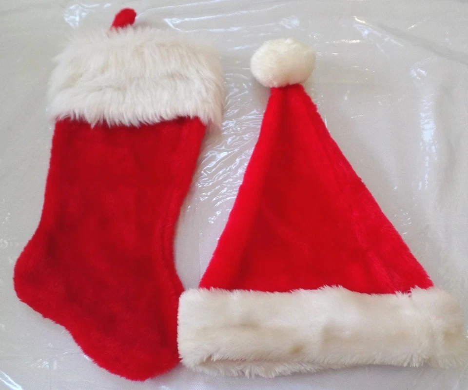 CHRISTMAS HAT MATCHING STOCKING RED WHITE FURRY BOYS GIRLS 1 SIZE COSTUME WEAR @ - Image 1 of 1