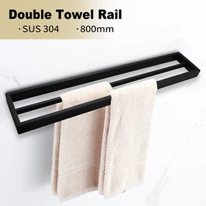 Black 800mm Towel Rack Double Rail 304 Stainless Steel Bar Wall Mounted Bathroom - Picture 1 of 6