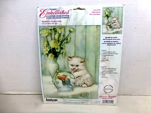Vintage Janlynn White Kitten Embellished Counted Cross Stitch Kit #184-0300 NEW - Picture 1 of 3