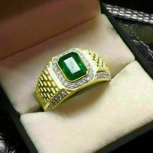 2 Ct Lab Created Emerald Men's Wedding Engagement Ring In 14K Yellow Gold Finish - Picture 1 of 3
