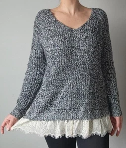 Weiche Umrandung schwarz/weiß gesprochen Strick Spitzensaum V-Ausschnitt Twofer Pullover! Größe M - Bild 1 von 6