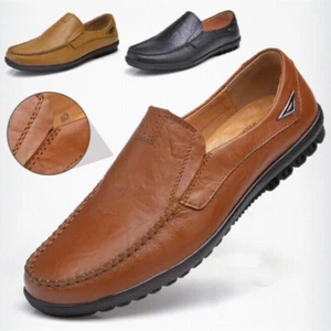 Mens Leather Slip On Wide Fit Memory Foam Casual Classic Loafers Work Shoes US - Picture 1 of 17