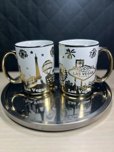 Pair (2) Las Vegas 16oz Gold And White Mugs NEW !!!! - Picture 1 of 12