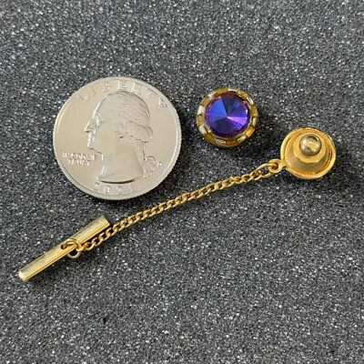 Men's Gold Tone Purple Faceted Rhinestone Round Tie Tack Pin B48814 - Image 1 of 2