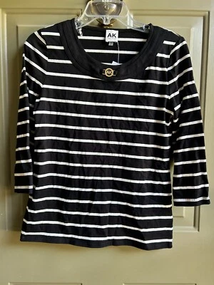 Top pulóver Anne Klein para mujer talla XS negro blanco a rayas manga 3/4 Foto 1 de 4