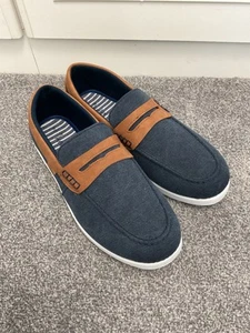 Dr Keller Mens Boat Shoes Size 8 Wide Fit Blue Tan Slip-on Canvas Lightweight - Picture 1 of 10