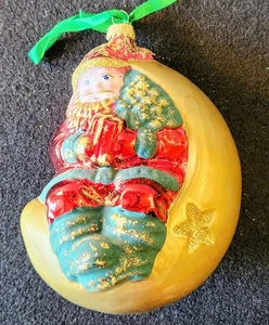 Blown Glass Christmas Ornament Santa Claus Sitting On Crescent Moon w/Stars 6" - Picture 1 of 3
