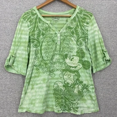 Disney Blouse Womens Small Green Mickey Mouse Top 1/4 Button Up Rolled Sleeves — 第 1/4 张图片