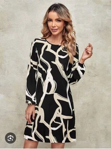 NWT Shein Fit Dress Size 24/26 Long Sleeve Black W/ Ivory Print Knee Length - Picture 1 of 11