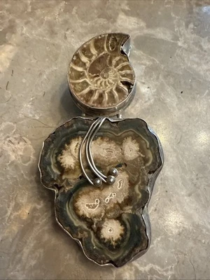 Colgante grande de plata de ley de cuarzo rutilado y amonita fósil Foto 1 de 4