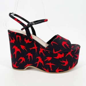 Miu Miu 2016 Black Red Swallow Print Platform Strappy Wedge Sandal size IT 36.5 - Picture 1 of 12