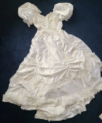 Puff Shoulders Satin Wedding Dress Bodice Lace Beaded  w/Laced Train Sz 10? - Image 1 of 4