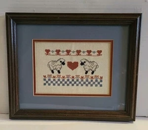 Wood Framed Needlepoint Art Handmade Sheep Hearts 9x11.5" Excellent Condition - Picture 1 of 5