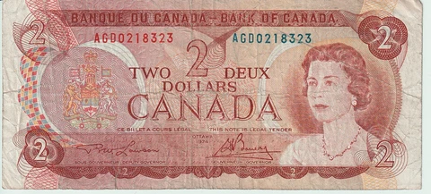 1974 Canada 2 Dollars Banknote - P# 86a - Lawson / Bouey - Fine - # 29728 Cover