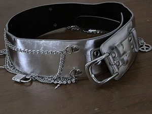 Ladies Silver Classic Wide PU Leather Metallic Studded & Drop Chain Crystal Belt - Picture 1 of 8