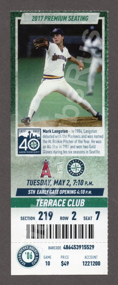 2017 Seattle Mariners vs Los Angeles Angels 5/2 MINT CLUB Ticket MARK LANGSTON - Image 1 of 1