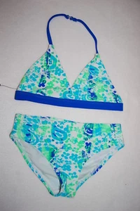 Girls Swimsuit 2 PC BIKINI SET Blue Lime Turquoise PAINT SPLASH Flowers XS 4-5 - Picture 1 of 2