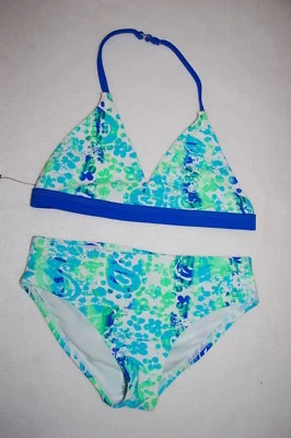 Traje de baño para niñas 2 piezas conjunto de bikini azul lima turquesa PINTURA SALPICADURAS flores XS 4-5 Foto 1 de 2