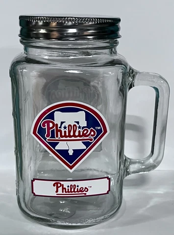 PHILADELPHIA PHILLIES GIANT 30 OZ MASON JAR GLASS MUG W/ LID FRONT / BACK LOGO Cover
