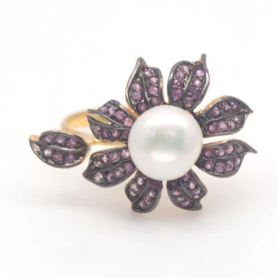 Edelstein 10 Mm. Weiße Perle & Rosa Saphir Ring 925 Sterlingsilber Größe 7 - Bild 1 von 4