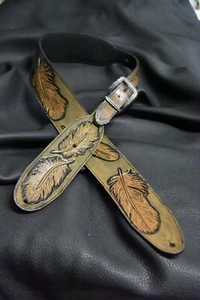 leather guitar strap custom made all by hand 3" "Feathers" SB new design - Picture 1 of 12