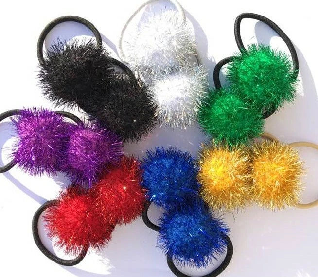 Pair of Christmas Hair Bows Tinsel Pom Poms Baubles Elastic Bobbles Red Silver