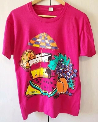 Camiseta Funky Rosa Tropical Brillo Fruta Pantalla Estrellas Puntada Única Para Mujer XL Foto 1 de 4