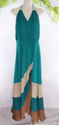 Maxi Vestido Boho Alto Hippie Halter Sin Mangas Correas de Espagueti Seda en Niveles S Foto 1 de 4