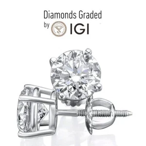 IGI CERTIFIED 2 Ct Real Lab Grown Diamond Studs Earrings 14k White Gold D VVS2 - Picture 1 of 5