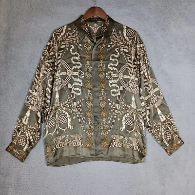 Creme De Silk Shirt Men Small Green 100% Silk Pegasus Print Satin Button-Up Boho - Image 1 of 4