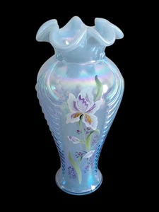 VINTAGE FENTON MISTY BLUE IRIDESCENT OPALESCENT 11" FEATHERED IRIS VASE Signed - Picture 1 of 15