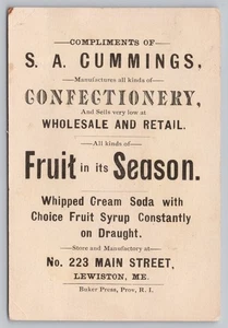 Lewiston ME 233 Main SA Cummings Confectionery Fruit Syrups Victorian Trade Card - Picture 1 of 2