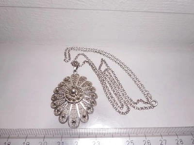 60er J. Trachtanhänger 835 filigran Silber abstrakt floral + Erbskette L 60 cm - Bild 1 von 4