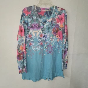 Top túnica manga larga cuello en V estampado floral suave envolvente pequeño mediano azul - Imagen 1 de 7