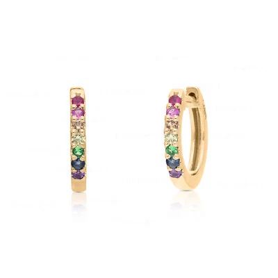 MULTI SAPPHIRE GEMSTONE RAINBOW HUGGIE HOOP EARRINGS FINE JEWELRY HANDMADE - Image 1 of 4