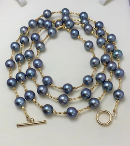 8,5−9 mm redondo gris azul japonés perlas Akoya collar largo astilla de ley, ... - Imagen 1 de 7