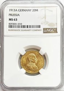 1913 A GOLD GERMAN STATES PRUSSIA 20 MARK JUBLIEE BUST GERMANY MINT STATE 63 - Picture 1 of 2