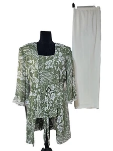 VTG 14W DANA KAY 3 PC PANTS SET KHAKI GREEN IVORY WIDE LEG PANTS SHELL KIMONO - Picture 1 of 13