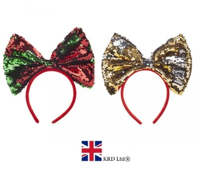 KRD LTD REVERSIBLE SEQUIN BOW HEADBAND Kids Girls Alice Head Band Gift Fancy Dress UK
