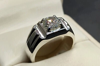 Round Cut 2 Ct Moissanite Diamond Sterling Silver 925 Handmade Mens Plain Ring - Image 1 of 4
