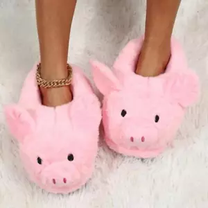 Winter Women Pink Pig Soft Short Plush Home Floor Shoes Warm Indoor Slippers - Picture 1 of 6